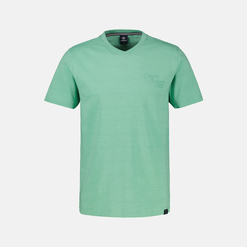 Lerros green V-neck knitted t-shirt for men with embroidered logo, flat lay product shot, Kayagan