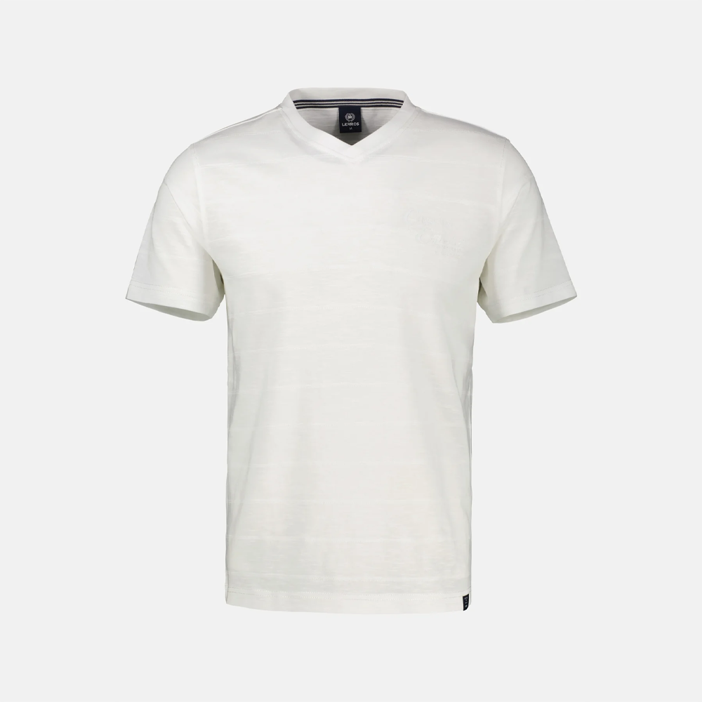 Lerros off-white V-neck knitted t-shirt with contrast collar trim, flat lay product shot, Kayagan ebanon