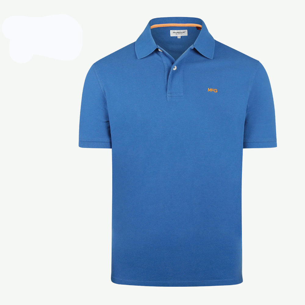Front view of a McGregor men's classic regular fit blue polo shirt with a two-button placket and embroidered logo.