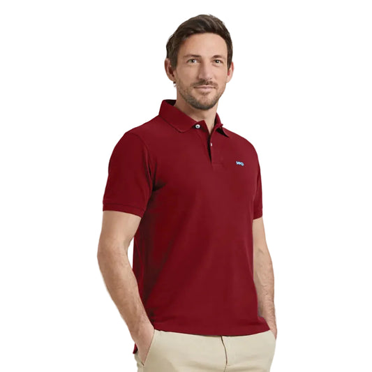 Model wearing a McGregor men's classic regular fit dark red polo shirt with a ribbed collar and short sleeves on a white background.