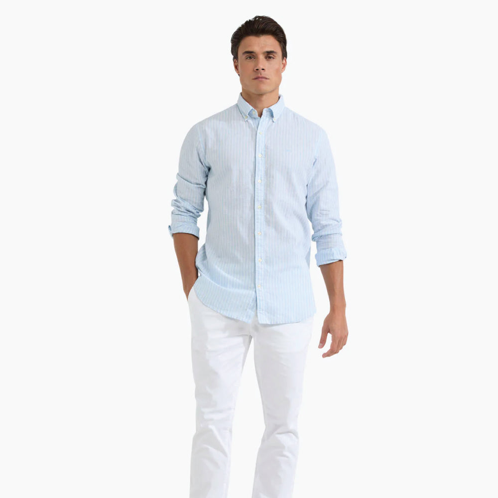 McGregor men's light blue striped linen cotton button-up shirt featuring a button-down collar and breathable fabric.