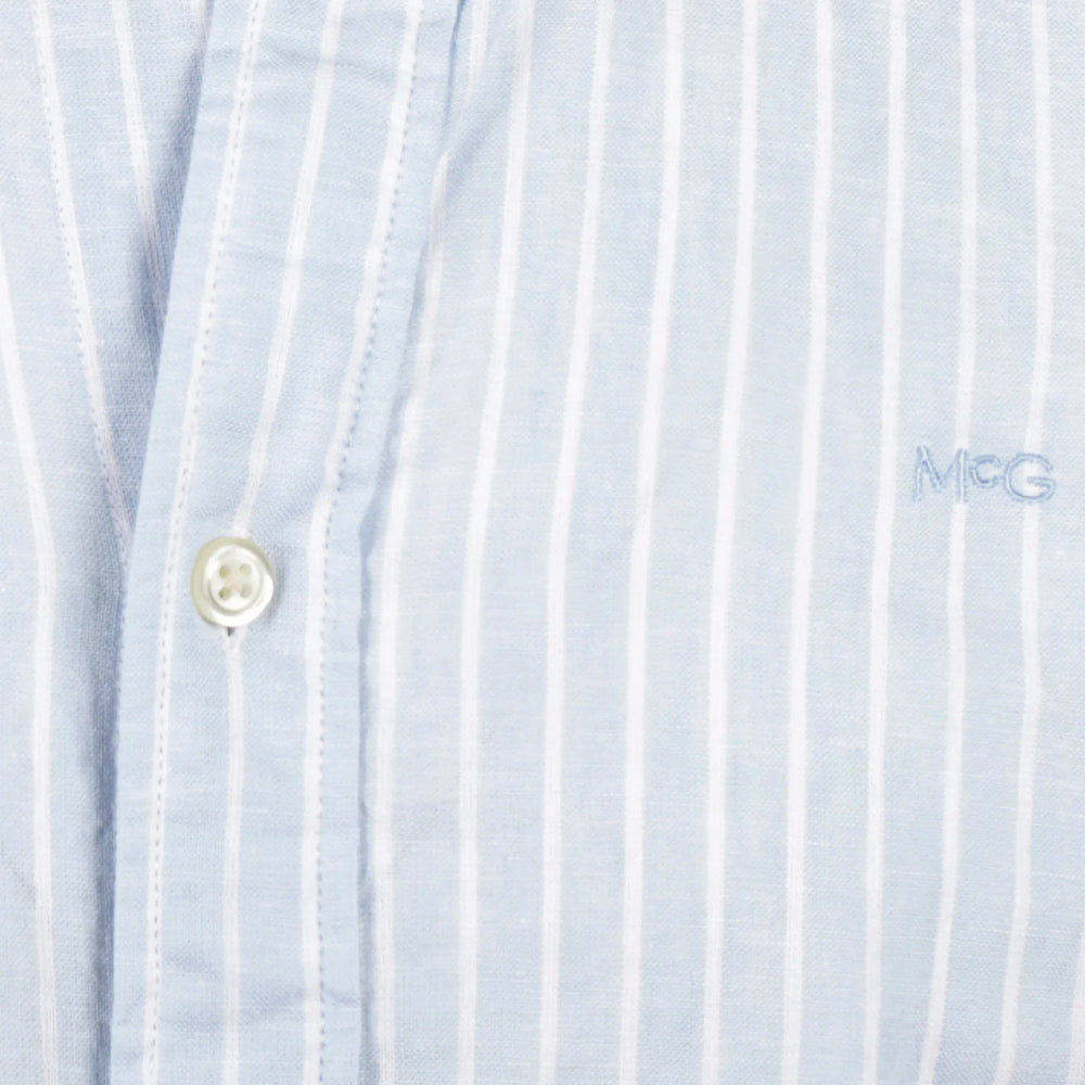 McGregor men's light blue striped linen cotton button-up shirt featuring a button-down collar and breathable fabric.