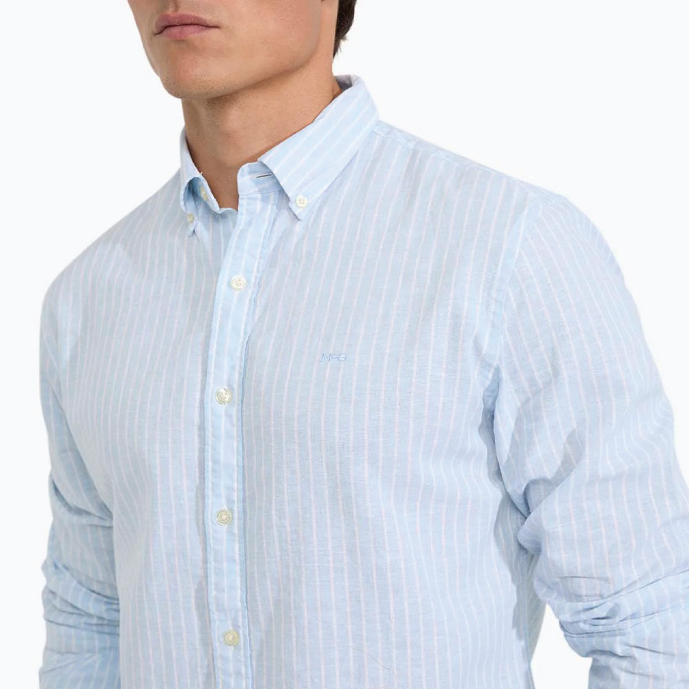 McGregor men's light blue striped linen cotton button-up shirt featuring a button-down collar and breathable fabric.