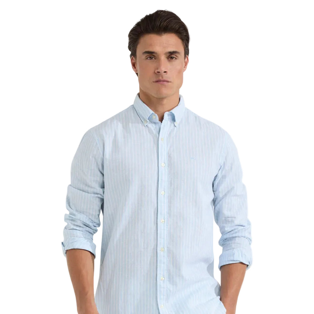 McGregor men's light blue striped linen cotton button-up shirt featuring a button-down collar and breathable fabric.