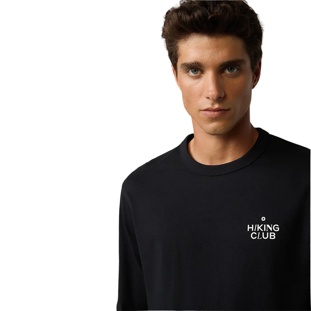 Man wearing Strellson Bronko black long-sleeved shirt with "Hiking Club" printed chest design, Kayagan online
