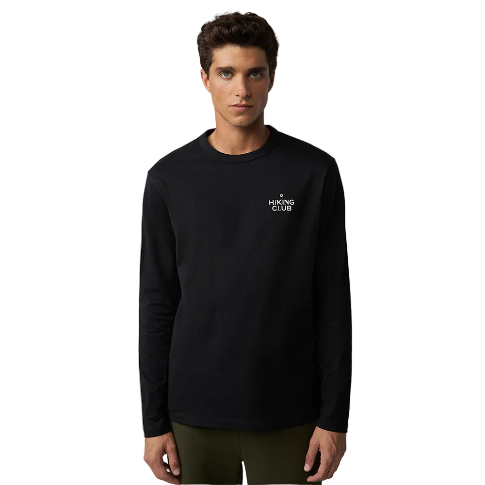 Man wearing Strellson Bronko black long-sleeved shirt with "Hiking Club" printed chest design, Kayagan online