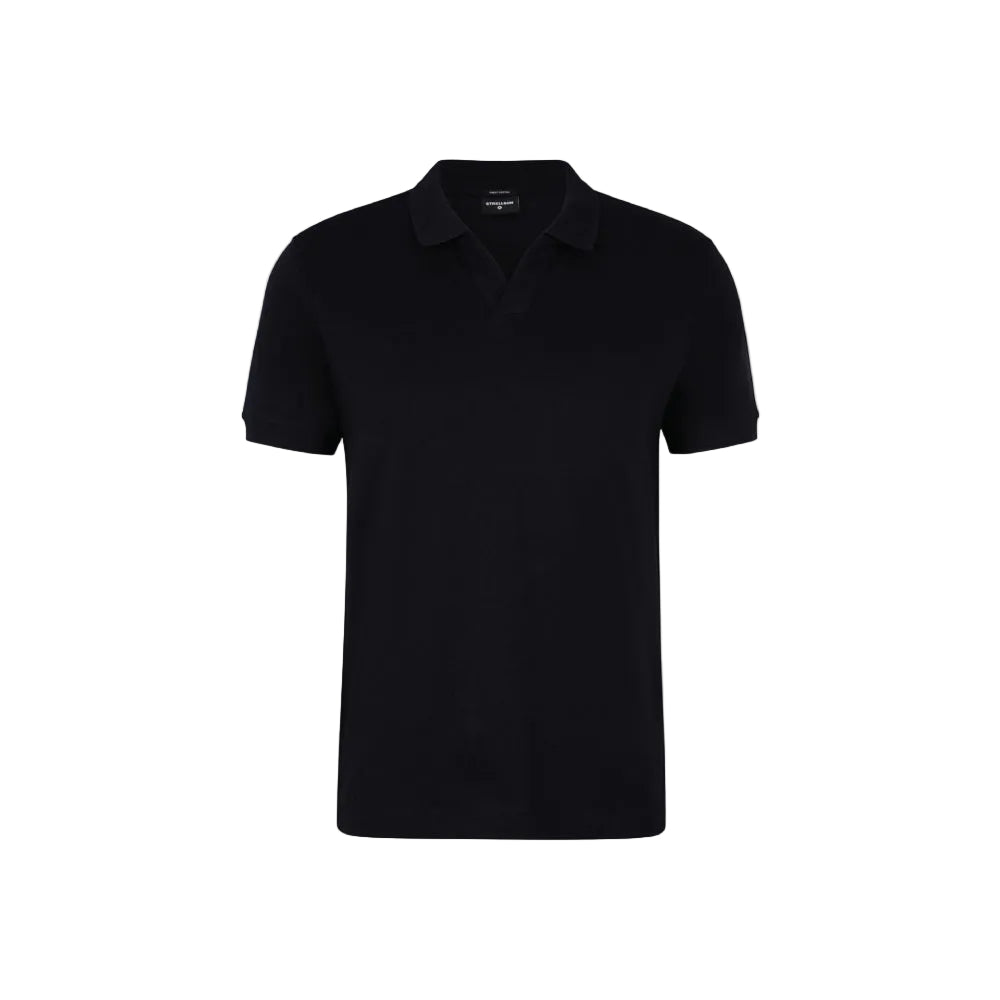 Man wearing Strellson Clark Polo Shirt in navy with buttonless johnny collar, Kayagan 