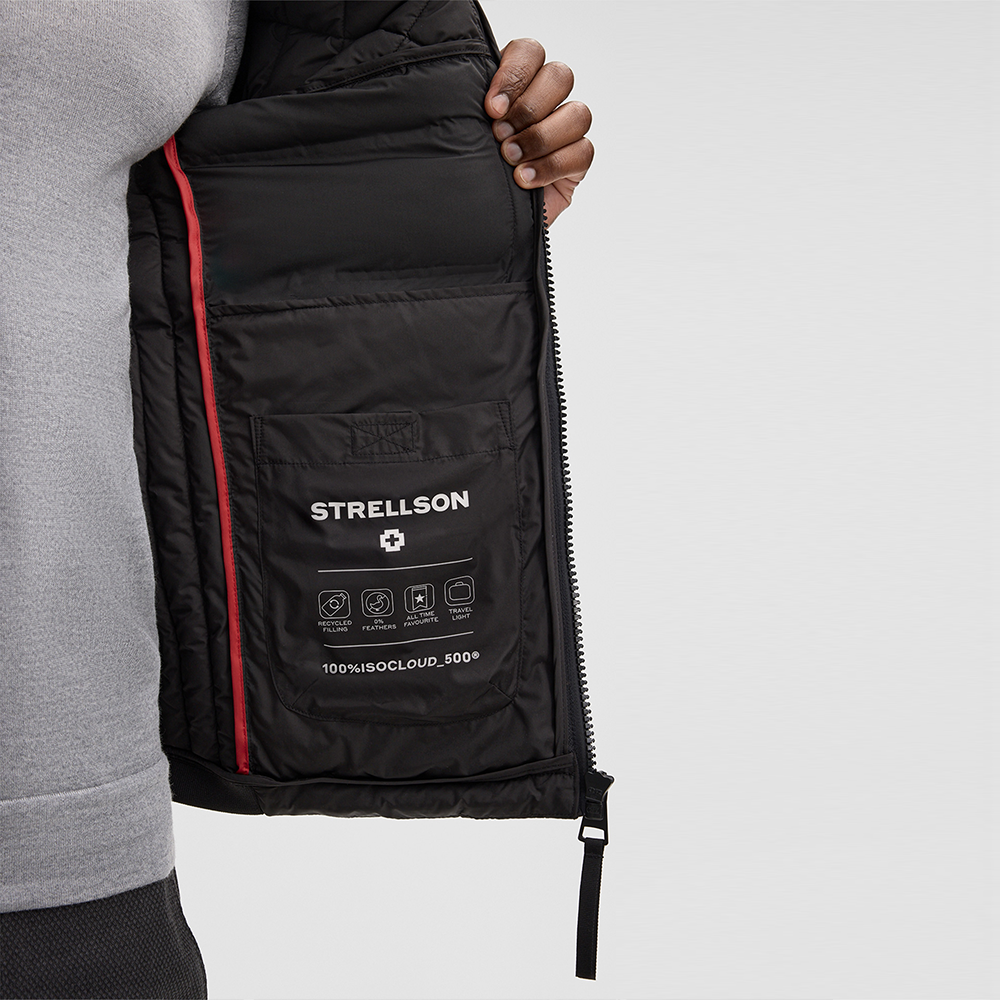 Man wearing Strellson Clason Fused Quilted Jacket in black with zip-up front and stand collar, Kayagan online