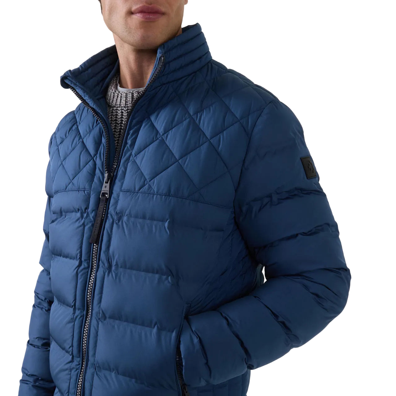 Man wearing Strellson Clason Fused Quilted Jacket in blue with zip-up front and stand collar, Kayagan online
