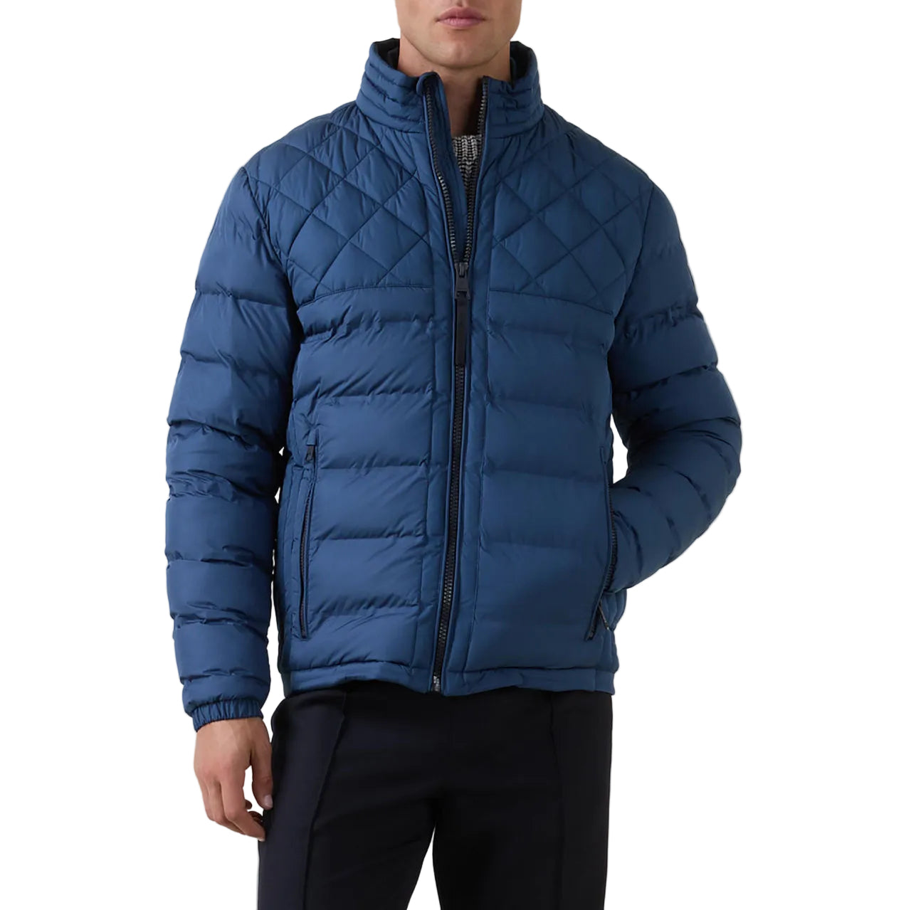 Man wearing Strellson Clason Fused Quilted Jacket in blue with zip-up front and stand collar, Kayagan online