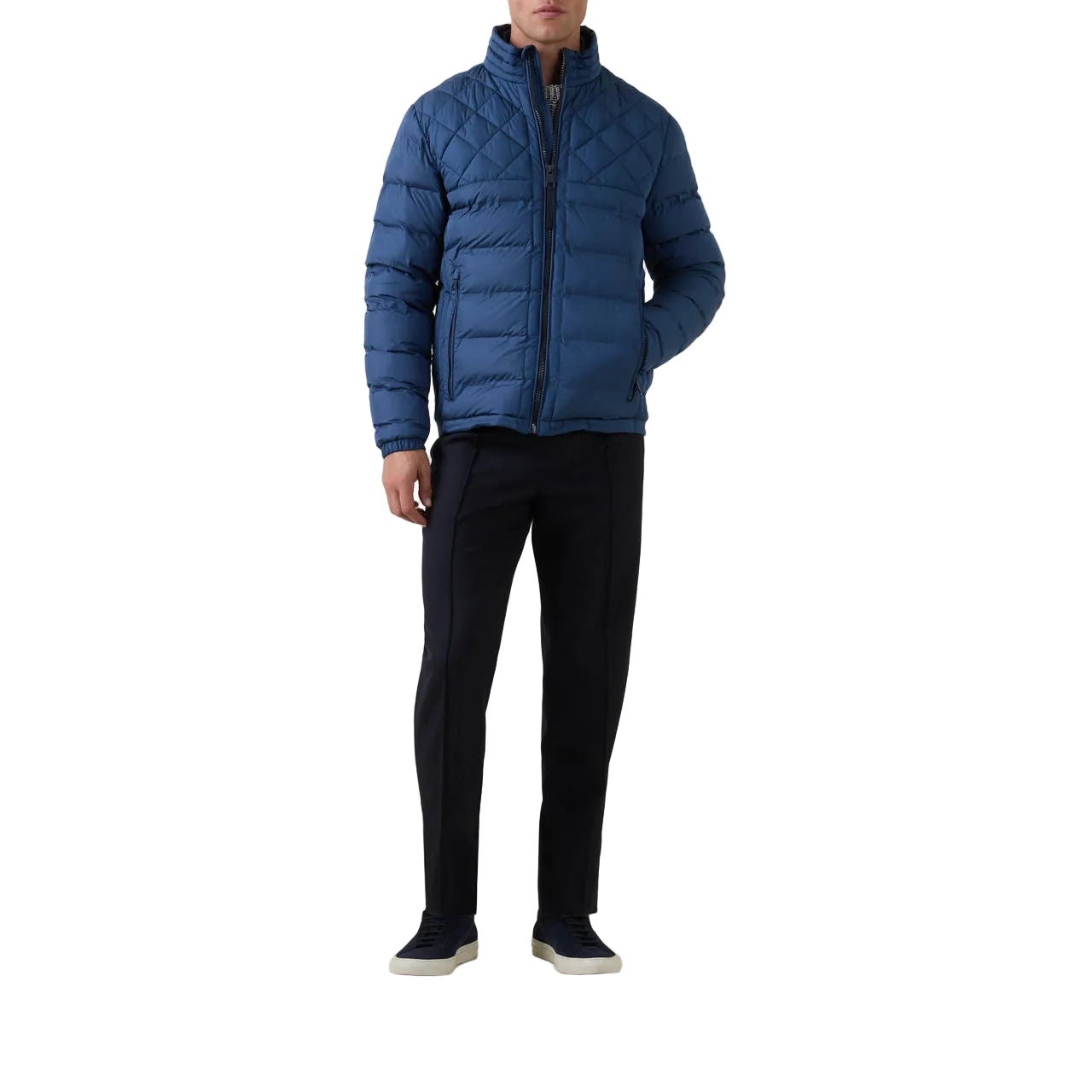 Man wearing Strellson Clason Fused Quilted Jacket in blue with zip-up front and stand collar, Kayagan online