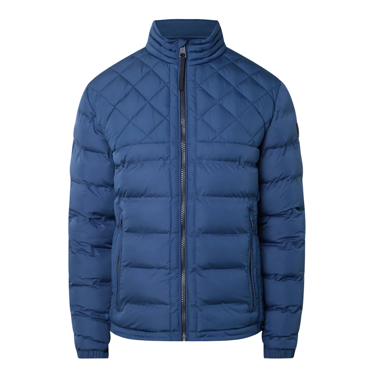 Man wearing Strellson Clason Fused Quilted Jacket in blue with zip-up front and stand collar, Kayagan online