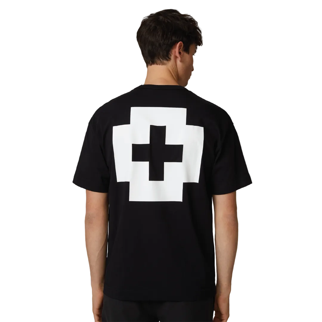 A man viewed from the back wearing a Strellson black short-sleeve t-shirt with a large embroidered logo on the back.