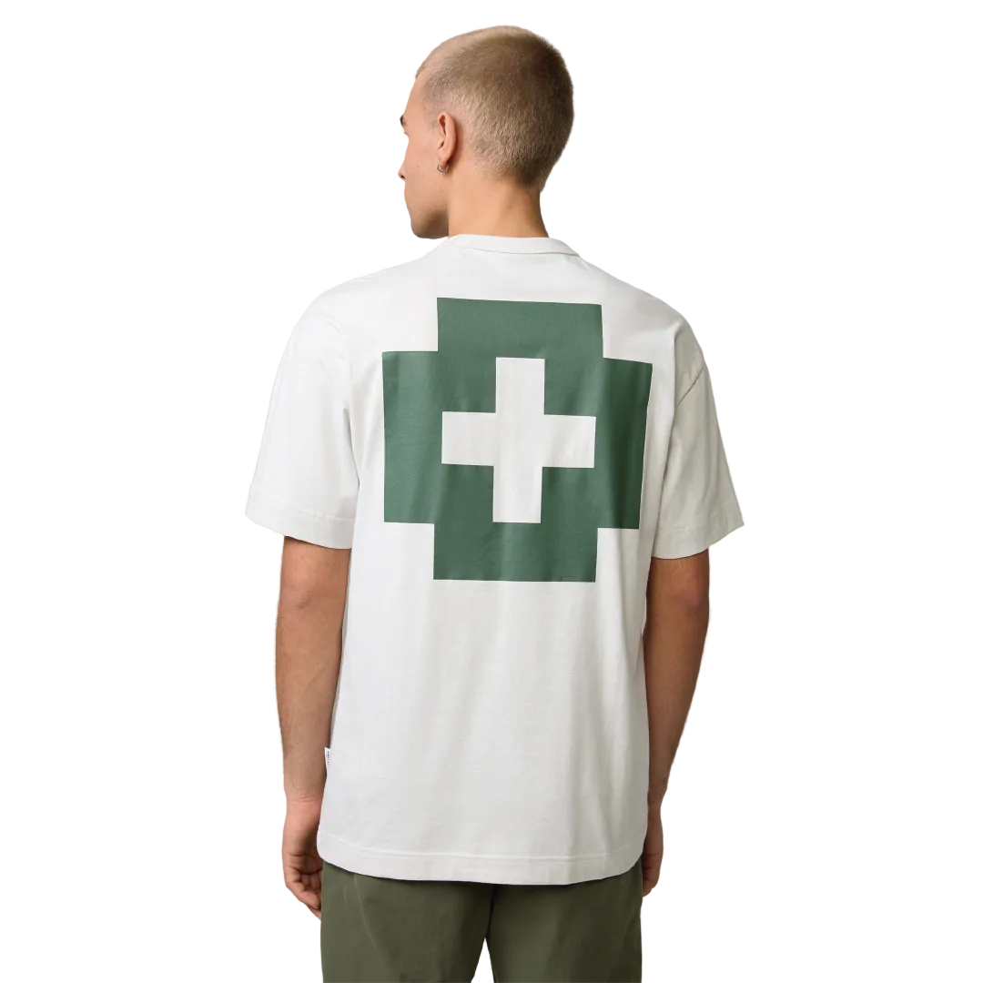 A man viewed from the back wearing a Strellson white short-sleeve t-shirt with a large embroidered logo on the back.
