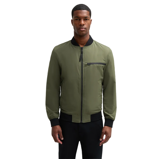 Man wearing Strellson Flex Cross Clearwater Bomber Jacket in olive with ribbed collar and zip front, Kayagan online