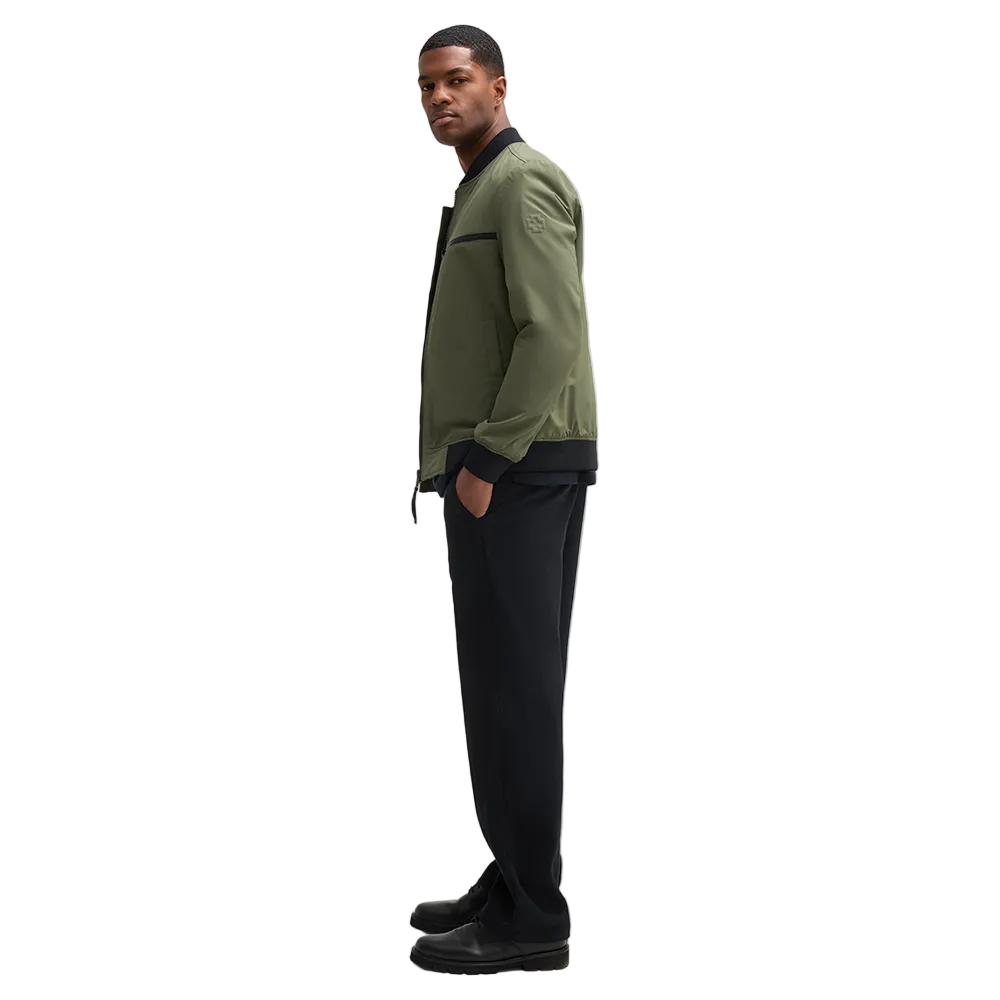 Man wearing Strellson Flex Cross Clearwater Bomber Jacket in olive with ribbed collar and zip front, Kayagan online