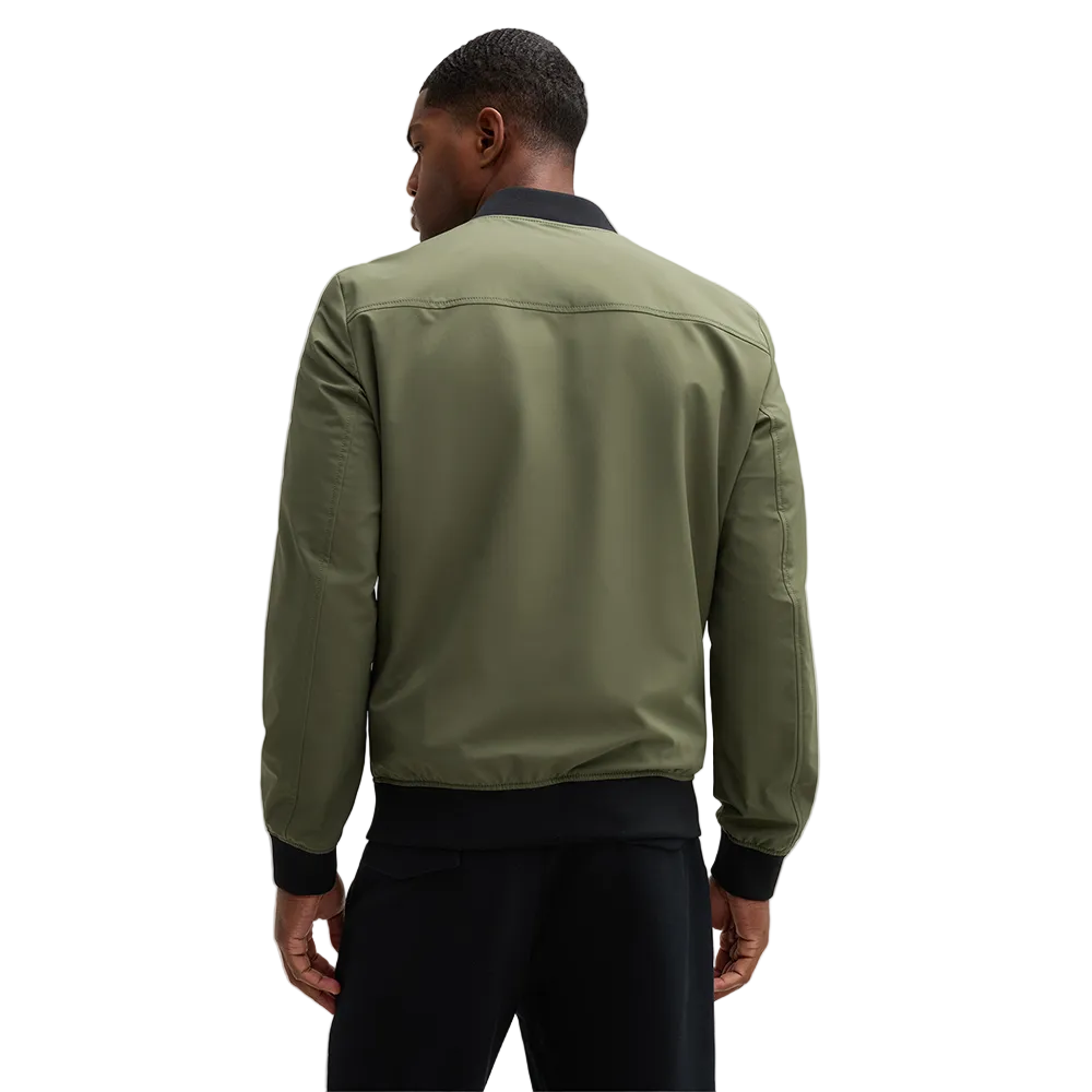 Man wearing Strellson Flex Cross Clearwater Bomber Jacket in olive with ribbed collar and zip front, Kayagan online