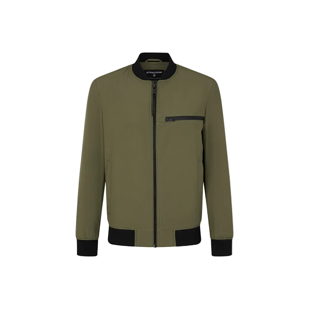 Man wearing Strellson Flex Cross Clearwater Bomber Jacket in olive with ribbed collar and zip front, Kayagan online