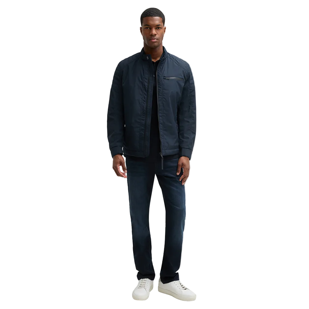 Man wearing Strellson Flex Cross Rockston dark blue biker jacket with stand collar and chest zip pocket