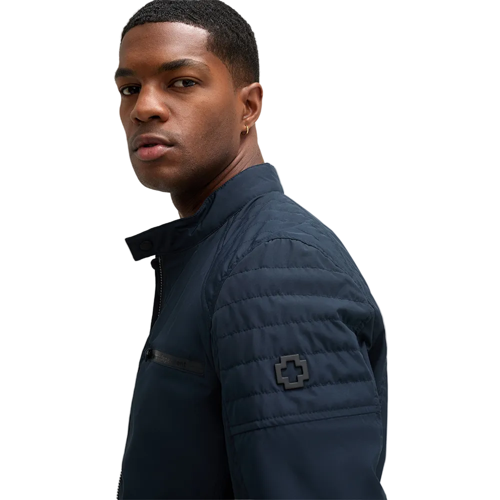 Man wearing Strellson Flex Cross Rockston dark blue biker jacket with stand collar and chest zip pocket