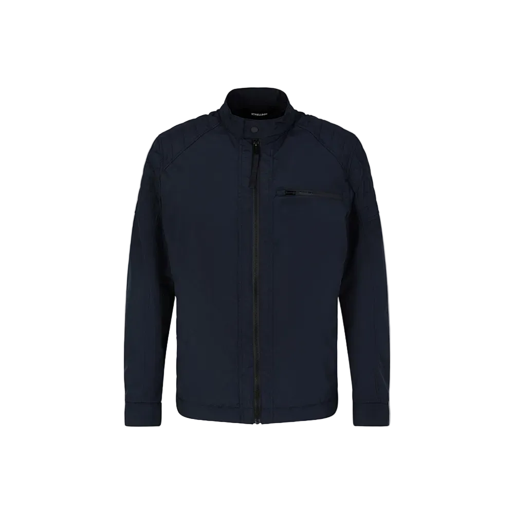 Man wearing Strellson Flex Cross Rockston dark blue biker jacket with stand collar and chest zip pocket