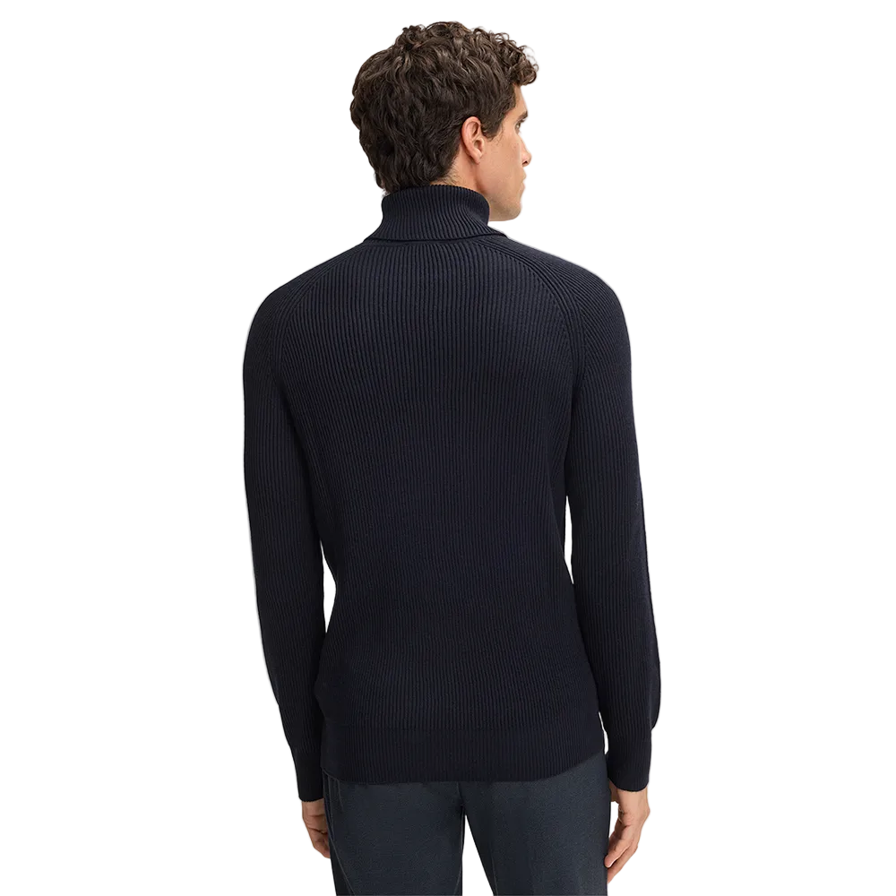 Man wearing Strellson Hamilton Roll Neck Jumper in dark blue ribbed knit, available at Kayagan