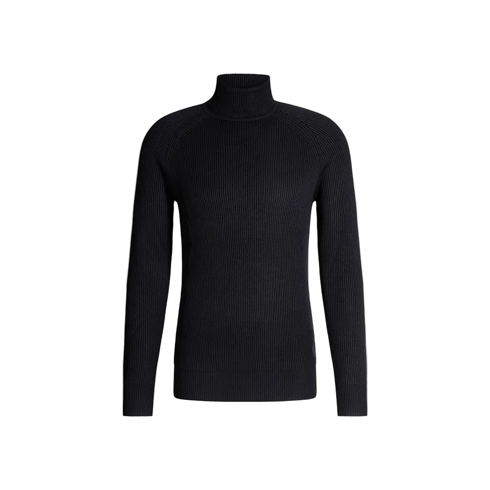 Man wearing Strellson Hamilton Roll Neck Jumper in dark blue ribbed knit, available at Kayagan