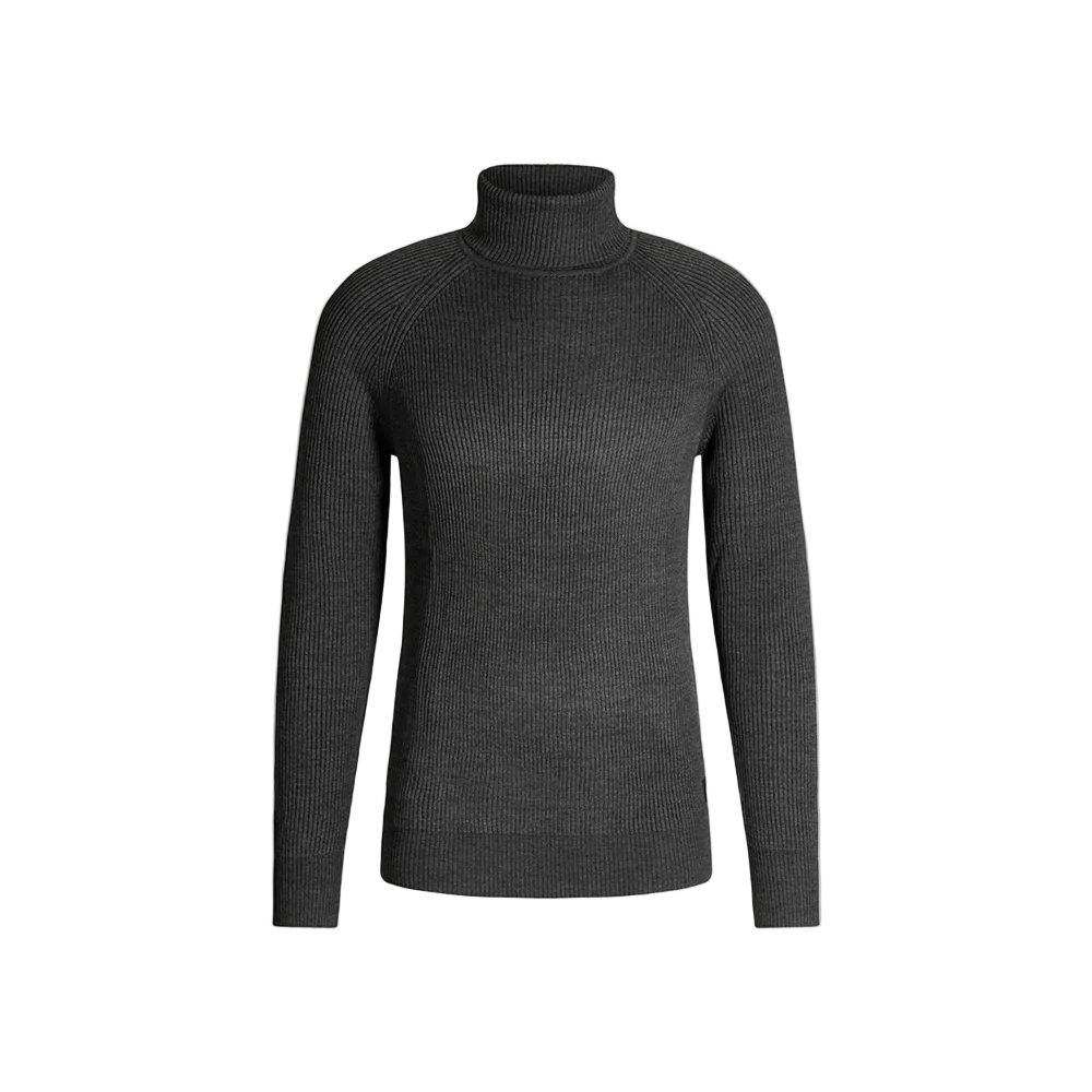 Man wearing Strellson Hamilton Roll Neck Jumper in Anthracite , gray color, turtleneck design sweater, ribbed knit, available at Kayagan