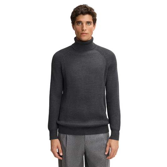 Man wearing Strellson Hamilton Roll Neck Jumper in Anthracite , gray color, turtleneck design sweater, ribbed knit, available at Kayagan