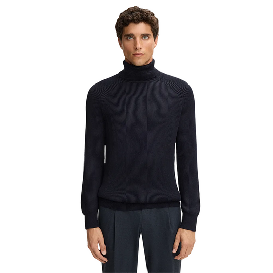 Man wearing Strellson Hamilton Roll Neck Jumper in dark blue color, turtleneck sweater, ribbed knit, available at Kayagan