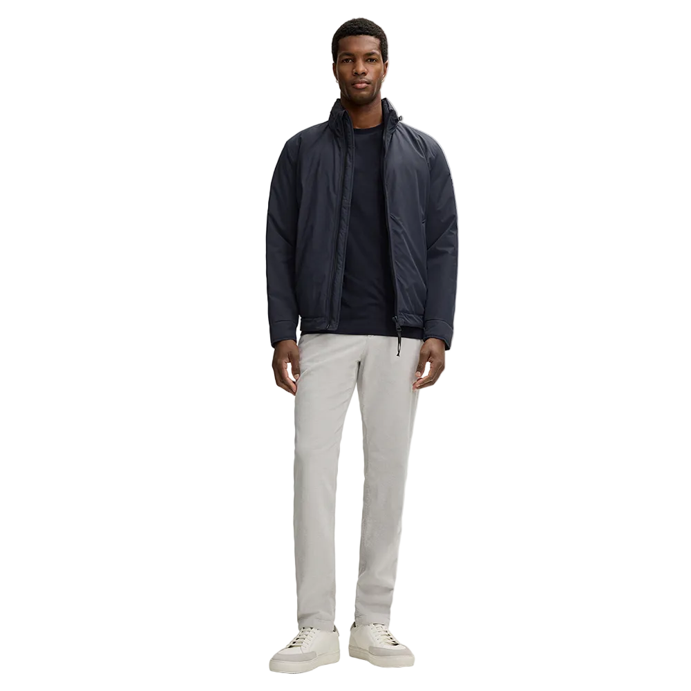 Man wearing Strellson dark blue light jacket with stand collar and front zip closure