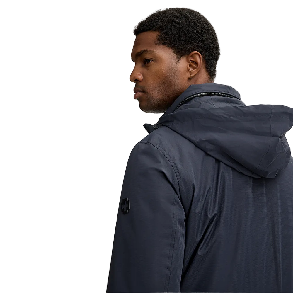 Man wearing Strellson dark blue light jacket with stand collar and front zip closure