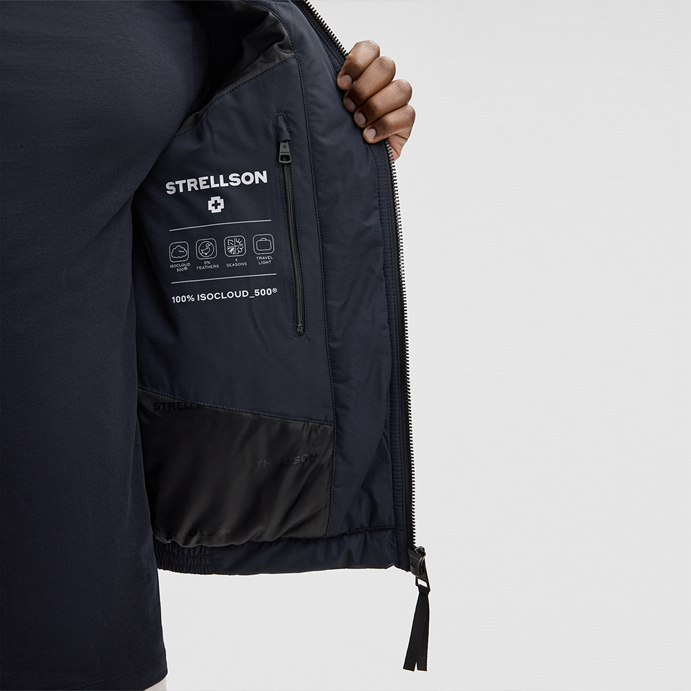 Man wearing Strellson dark blue light jacket with stand collar and front zip closure