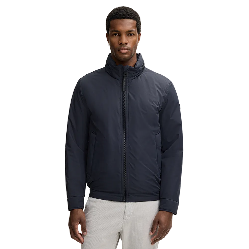 Man wearing Strellson dark blue light jacket with stand collar and front zip closure