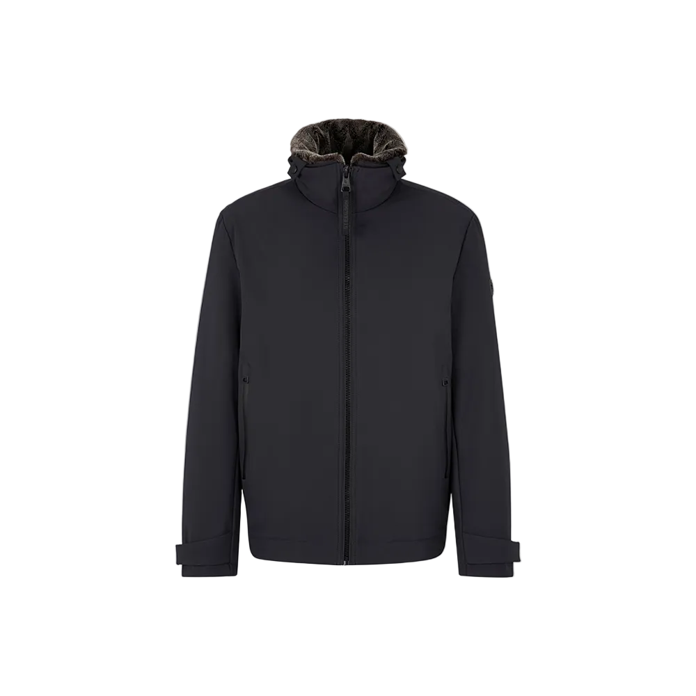 Man wearing Strellson Lucca navy water-repellent jacket with faux-fur lined hood