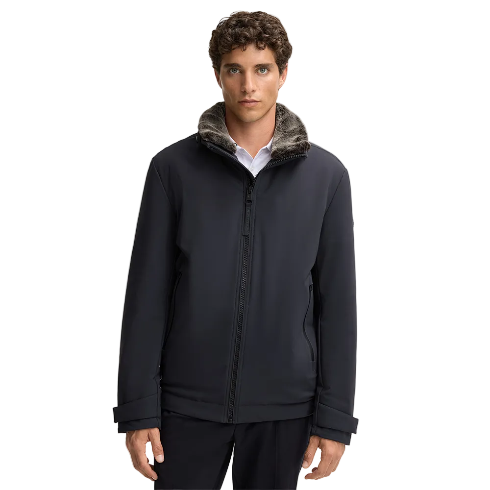 Man wearing Strellson Lucca navy water-repellent jacket with faux-fur lined hood