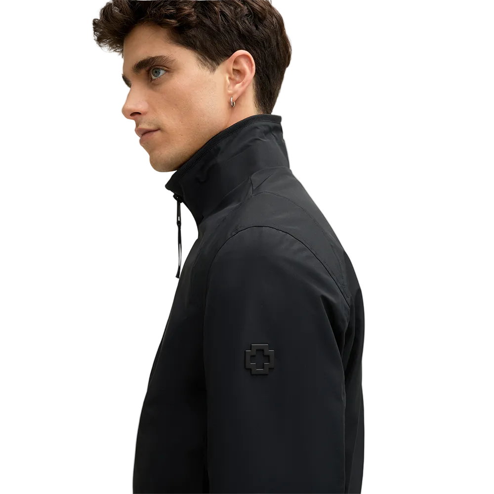 Man wearing Strellson Lucca Windbreaker Jacket in black with stand collar and zip front, embroidered Strellson logo on the left arm, Kayagan