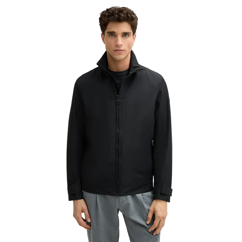 Man wearing Strellson Lucca Windbreaker Jacket in black with stand collar and zip front, Kayagan