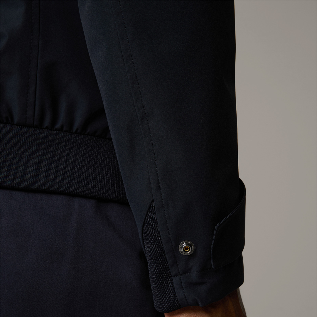 Man wearing Strellson Lucca Windbreaker Jacket in navy with stand collar and zip front