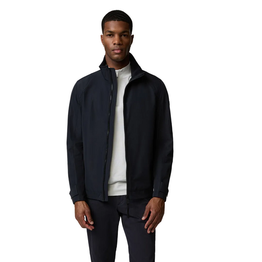 Man wearing Strellson Lucca Windbreaker Jacket in navy with stand collar and zip front