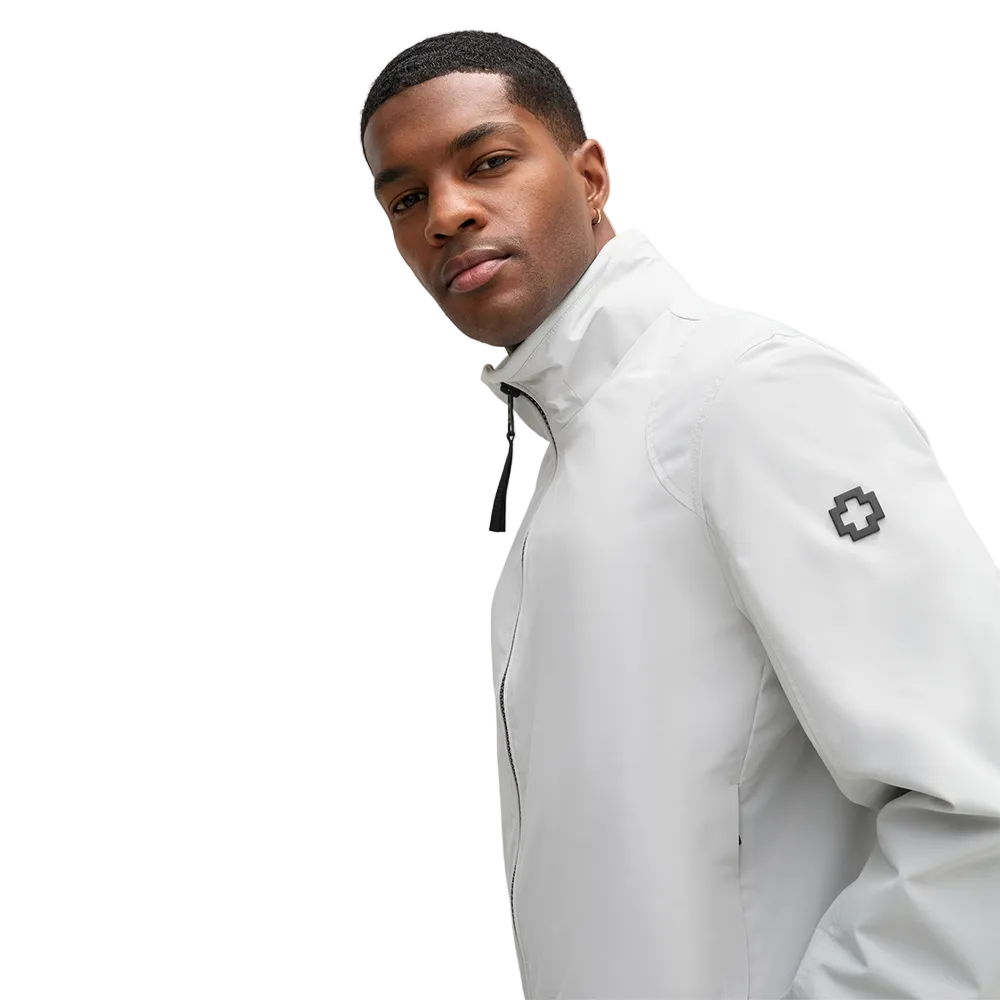 Man wearing Strellson Lucca Windbreaker Jacket in off-white with stand collar and zip front, and embroidered logo on the left arm, Kayagan