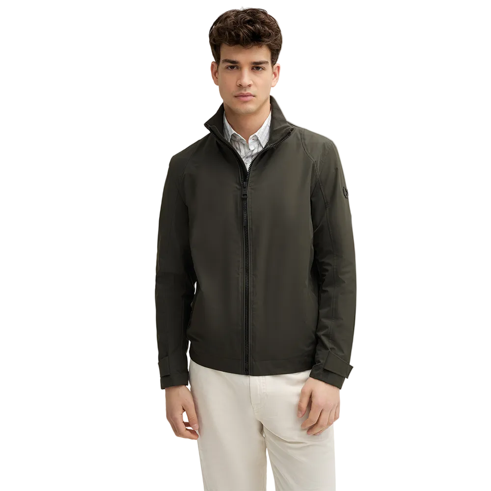 Man wearing Strellson Lucca Windbreaker Jacket in olive with stand collar and zip front, and embroidered logo on the left arm, Kayagan