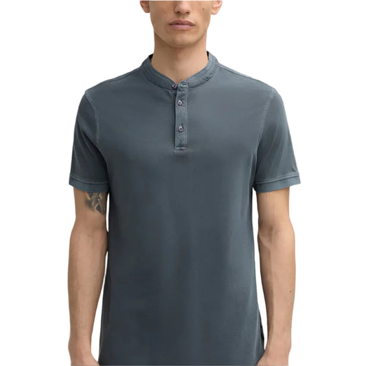 Man wearing Strellson Phillip slate grey piqué henley shirt with band collar, Kayagan, Lebanon