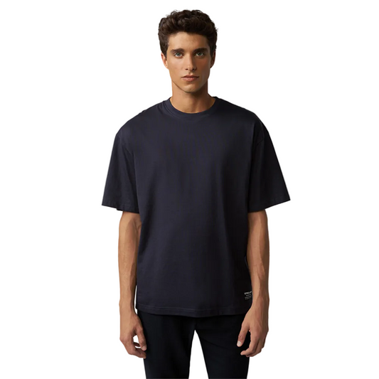 Man wearing Strellson Skye oversized navy t-shirt with tonal chest print and dropped shoulders